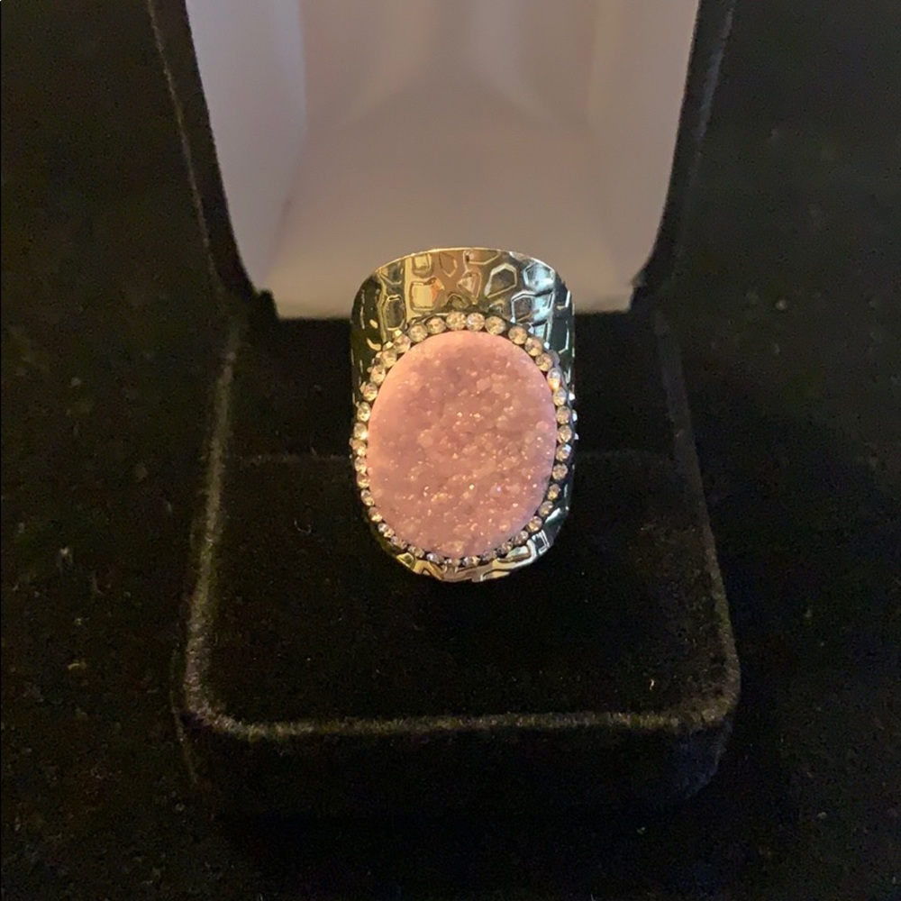 New Pink Druzy Geode Agate Ring with Rhinestones